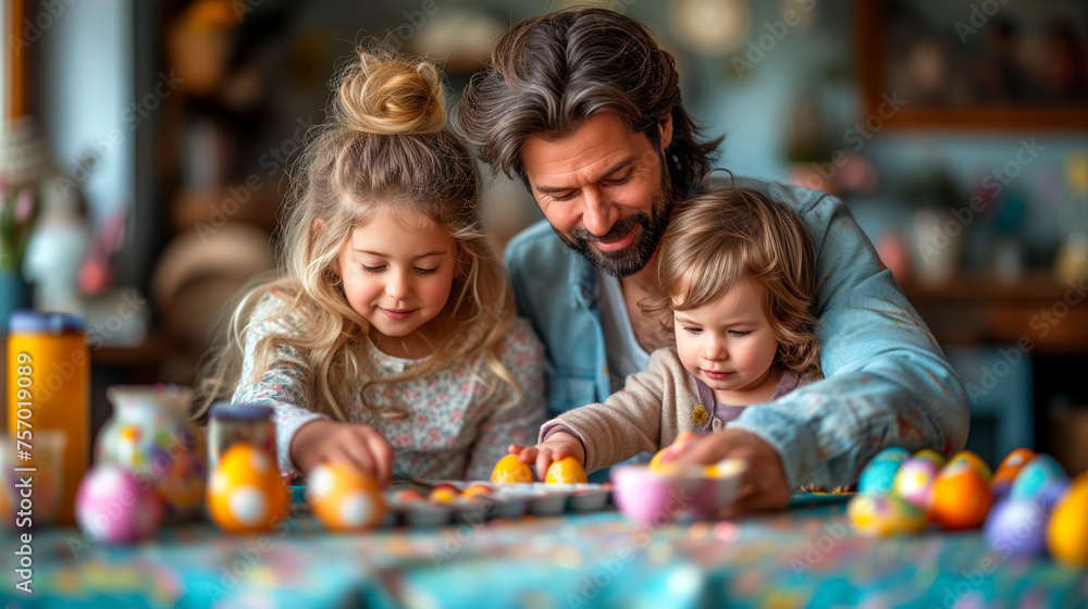 joyfully family painting Easter eggs at home. kids and father prepare for Easter joyfully family painting Easter eggs at home. kids and father prepare for Easter