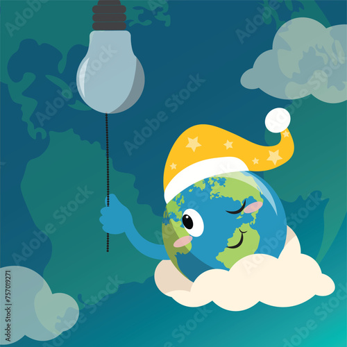 Illustration of cute earth hour turn off the lights for template background or copy space