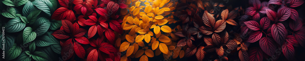 Nature's Palette: A Diverse Collection of Leaves (Green, Red, Yellow, Brown, Maroon)Creates a Masterpiece of Earthly Artistry - obrazy, fototapety, plakaty 