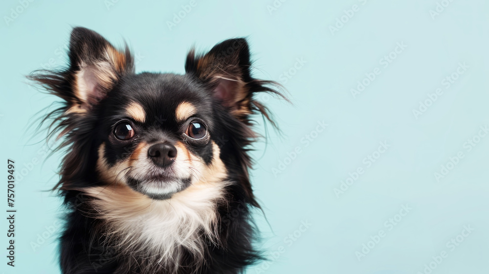 Cute long hair Chihuahua dog and looking out, on blue background