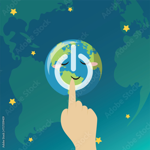 Illustration of cute earth hour turn off the lights for template background or copy space