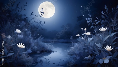 Abstract flora and fauna bathed in the soft glow of indigo moonlight.