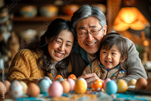 cute Asian family painting Easter eggs at home. kid and parents prepare for Easter