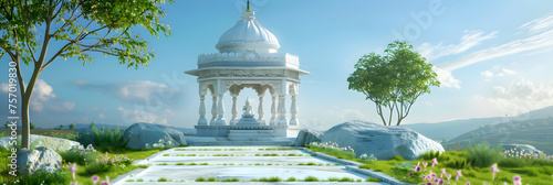 small hindu temple with white marble on senic green landscape with blue sky,