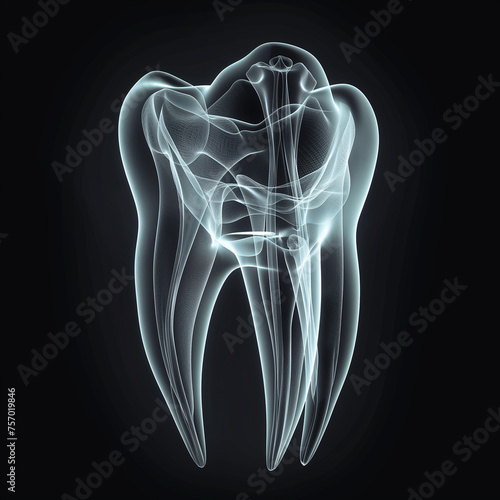 Zahn als Computergrafik mit Innenansicht als 3 D Modell, KI generiert