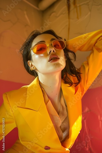 Neo Plasticism: Woman in Yellow Suit and Sunglasses, Dark Orange Palette photo
