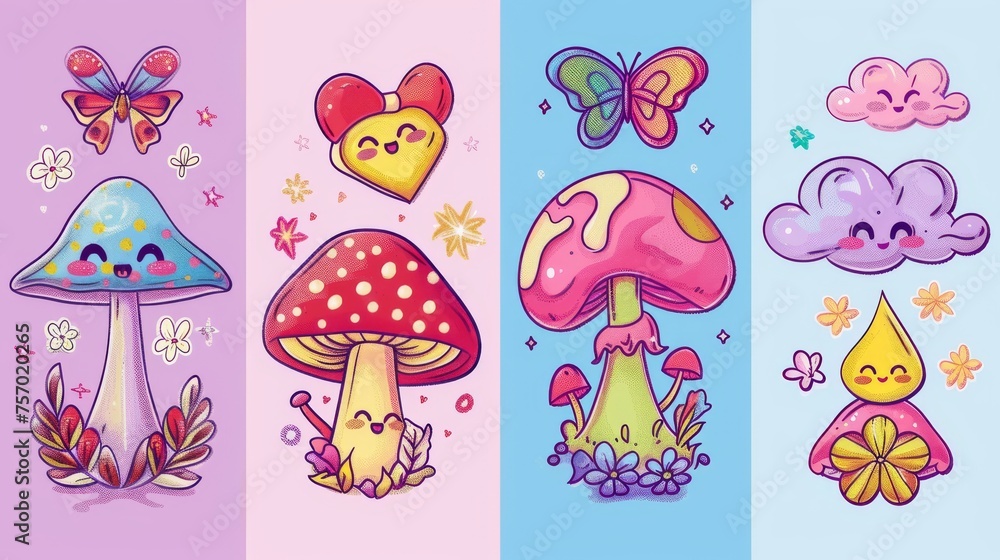 Poster design layout in retro y2k or groovy style. Modern set of hippy banner with cute psychedelic mushroom with butterflies, funny heart, flower and cloud cartoon characters.