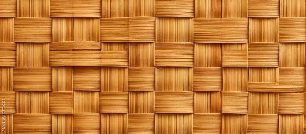 A closeup shot of a rectangular wooden wall with a wicker pattern in a warm brown color. The amber wood stain adds depth to the flooring plank, enhancing the varnished finish A closeup shot of a rectangular wooden wall with a wicker pattern in a warm brown color. The amber wood stain adds depth to the flooring plank, enhancing the varnished finish