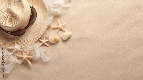 A vacation trip, the best vacation at sea, hat and sunglasses, sea sand, seashells. Sandy beach. Tourism.