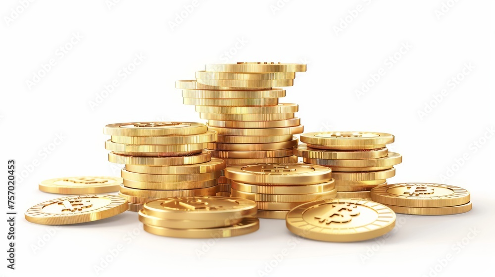 Golden coins in 3D isolated on white background. Modern illustration of casino stack money, interest rate icon, bank deposit, income tax, savings in cash, and cryptocurrency tokens. Golden coins in 3D isolated on white background. Modern illustration of casino stack money, interest rate icon, bank deposit, income tax, savings in cash, and cryptocurrency tokens.