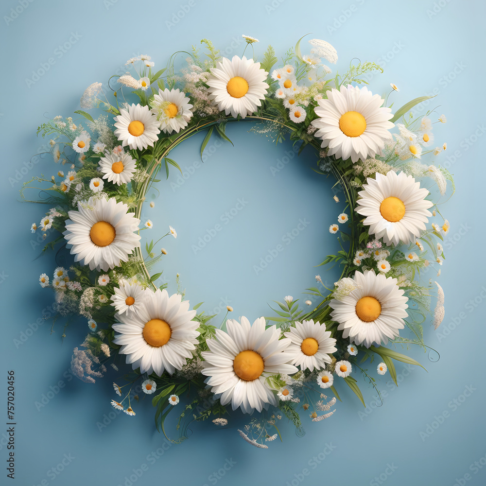 Obraz premium Daisy flower frame, isolated on a blue background, Spring Frame