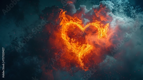 a heart-shaped fire surrounded by a cloud of smoke