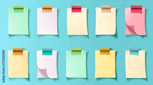 Isolated set of paper notes isolated on a white background. Modern realistic illustration of a blank notepad page piece stuck to a board or wall with color sticky tape, a reminder message, a to-do photo