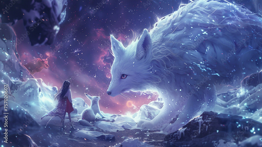 Generative AI, In a poignant tableau, the Rabbit Spirit, embodying grace and healing, and the Arctic Fox Spirit, symbolizing cunning and resilience, stand as guardians for a girl, instilling bravery i - obrazy, fototapety, plakaty 