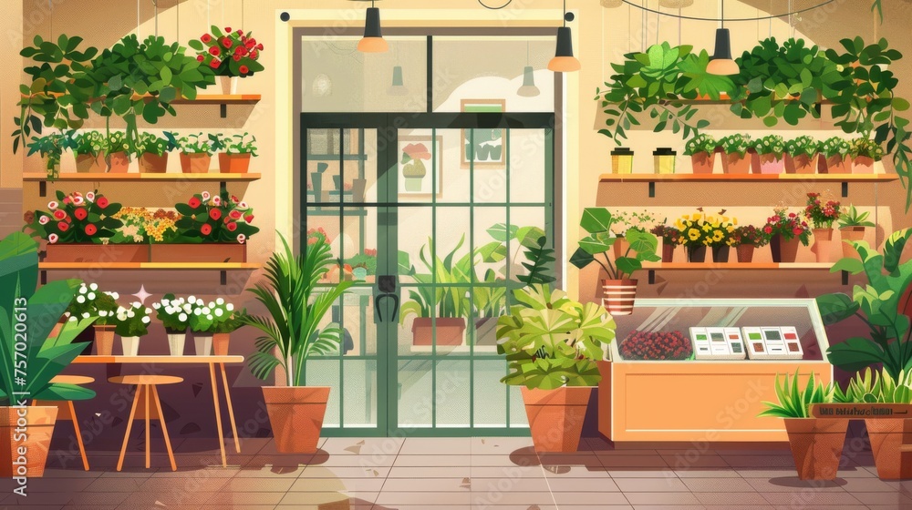 In the middle of the cartoon floral store interior is a standing tree, green plants in pots, a basket with a bouquet of flowers, a table with a cashier, a large glass door, and a window with a view