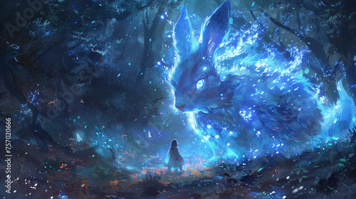 Generative AI, The Rabbit Spirit, glowing with a soft, enchanting light, and the Arctic Fox Spirit, radiating a cool, mystical aura, join forces to guide and protect a young girl as they navigate thro
