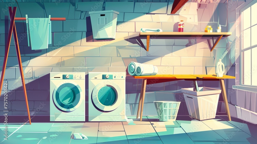 Basement room in abandoned house with broken laundry equipment. Cartoon illustration with busted washing and drying machines, ironing boards, shabby shelves and hampers. Basement room in abandoned house with broken laundry equipment. Cartoon illustration with busted washing and drying machines, ironing boards, shabby shelves and hampers.