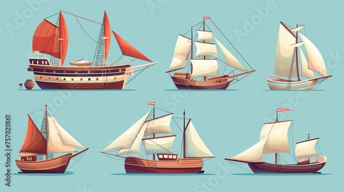 Isolated modern illustration of tourist cruise vessel, vintage sailboat, damaged fishing boat sunken after shipwreck, water transport collection, and vintage ship.