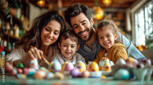 joyfully family painting Easter eggs at home. kids and parents prepare for Easter