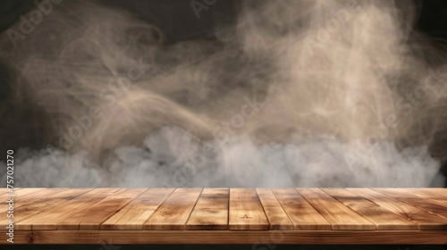 Foreground view of desk with wood texture surface for goods display. 3D illustration of brown wood table top with steam or smoke.