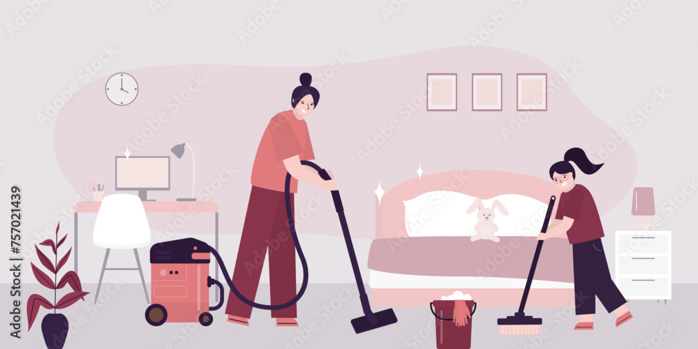 Mother and daughter mopping and vacuum floor in nursery or bedroom. Family cleaning, household chores. Parent and child teamwork, cleaning. Girl help parents