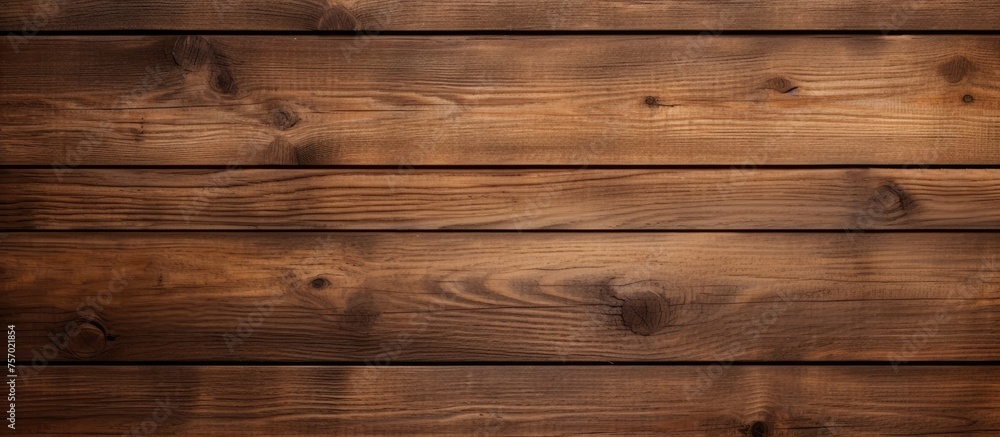 Fototapeta premium A detailed shot of a brown hardwood plank with a wood stain and varnish finish, showcasing the intricate pattern of the grain in the lumber