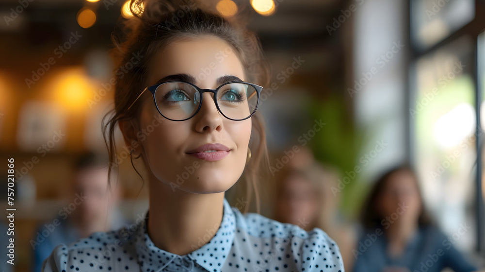 Close-up of smiling startup woman with glasses, a team leader giving motivational speech to inspire teamwork. Close-up of smiling startup woman with glasses, a team leader giving motivational speech to inspire teamwork.
