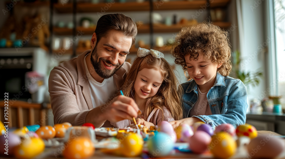 Obraz premium joyfully family painting Easter eggs at home. kids and father prepare for Easter