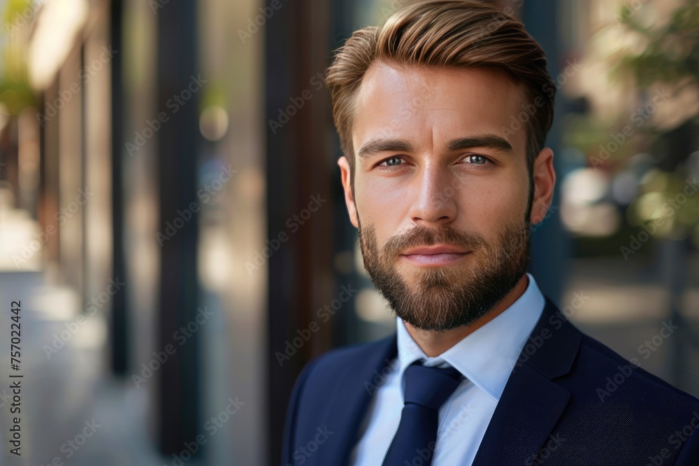 Portrait of handsome businessman in suit looking at camera while standing in office
