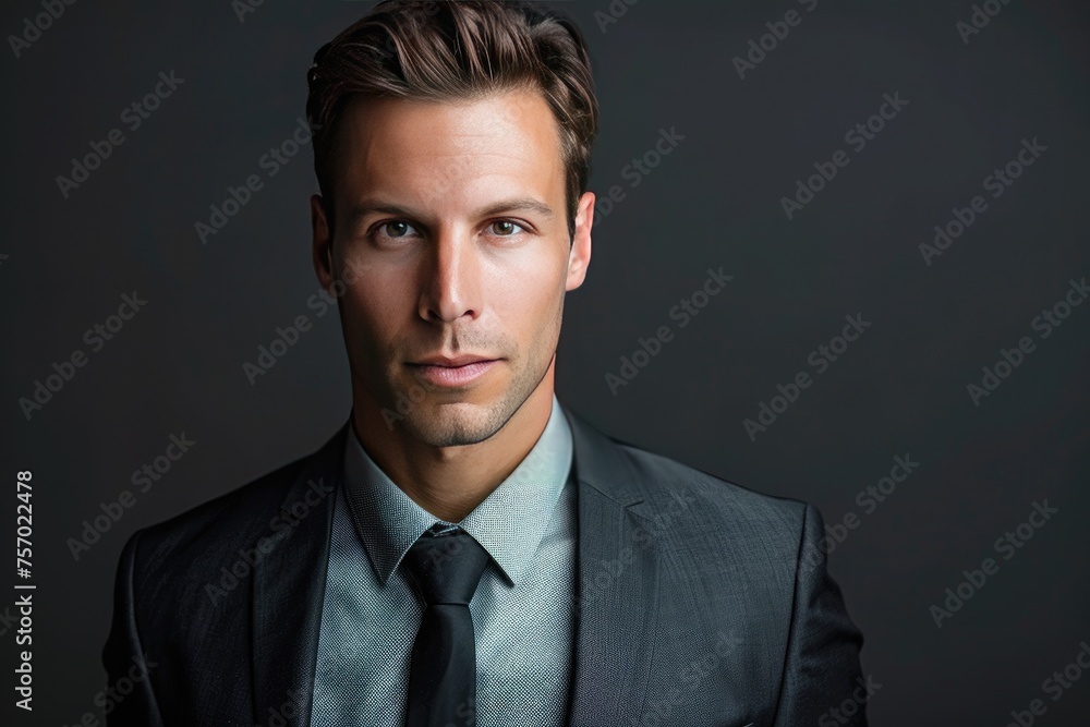 Portrait of handsome businessman in suit looking at camera while standing in office Portrait of handsome businessman in suit looking at camera while standing in office