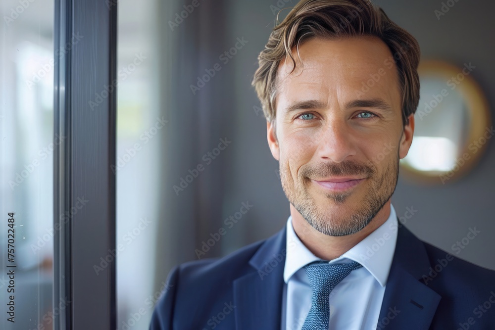 Portrait of handsome businessman in suit looking at camera while standing in office Portrait of handsome businessman in suit looking at camera while standing in office
