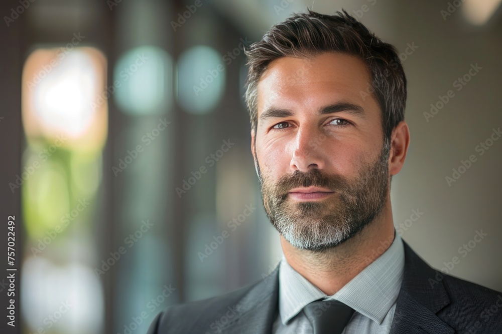 Portrait of handsome businessman in suit looking at camera while standing in office Portrait of handsome businessman in suit looking at camera while standing in office