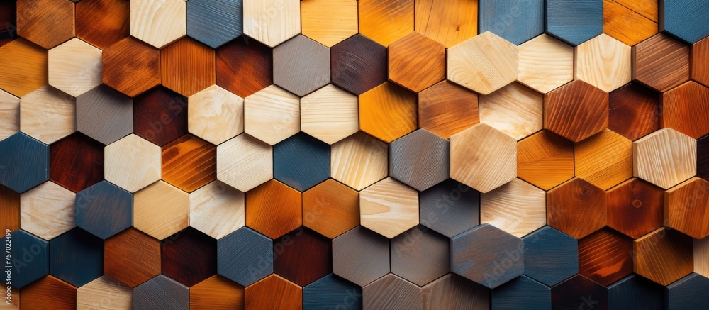 The brown wooden flooring is designed in a honeycomb pattern, resembling a honeycomb made of wood. The symmetry of the rectangles gives it an artistic look, similar to a brick building material The brown wooden flooring is designed in a honeycomb pattern, resembling a honeycomb made of wood. The symmetry of the rectangles gives it an artistic look, similar to a brick building material