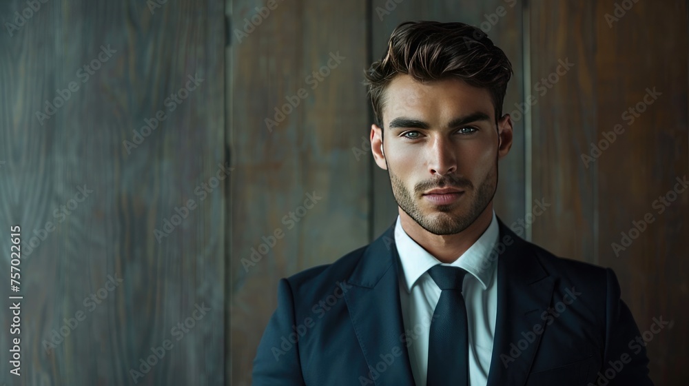 Portrait of handsome businessman in suit looking at camera while standing in office Portrait of handsome businessman in suit looking at camera while standing in office