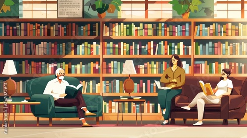 In library, people read books. A senior man holds a book near a shelf, a smart woman is sitting in an armchair reading a book, wooden bookcases contain literature bestsellers, and a laptop is lying photo