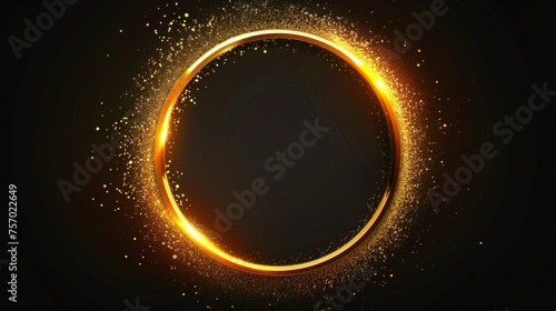 Stunning neon light round illustration with gold sparks and reflections. Bright flare glossy ring with gold glow on black background.
