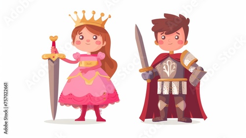 Cartoon modern cute child in carnival costume. Little girl princess in pink puffy dress, red shoes, and golden crown. Boy knight with sword and cloak.