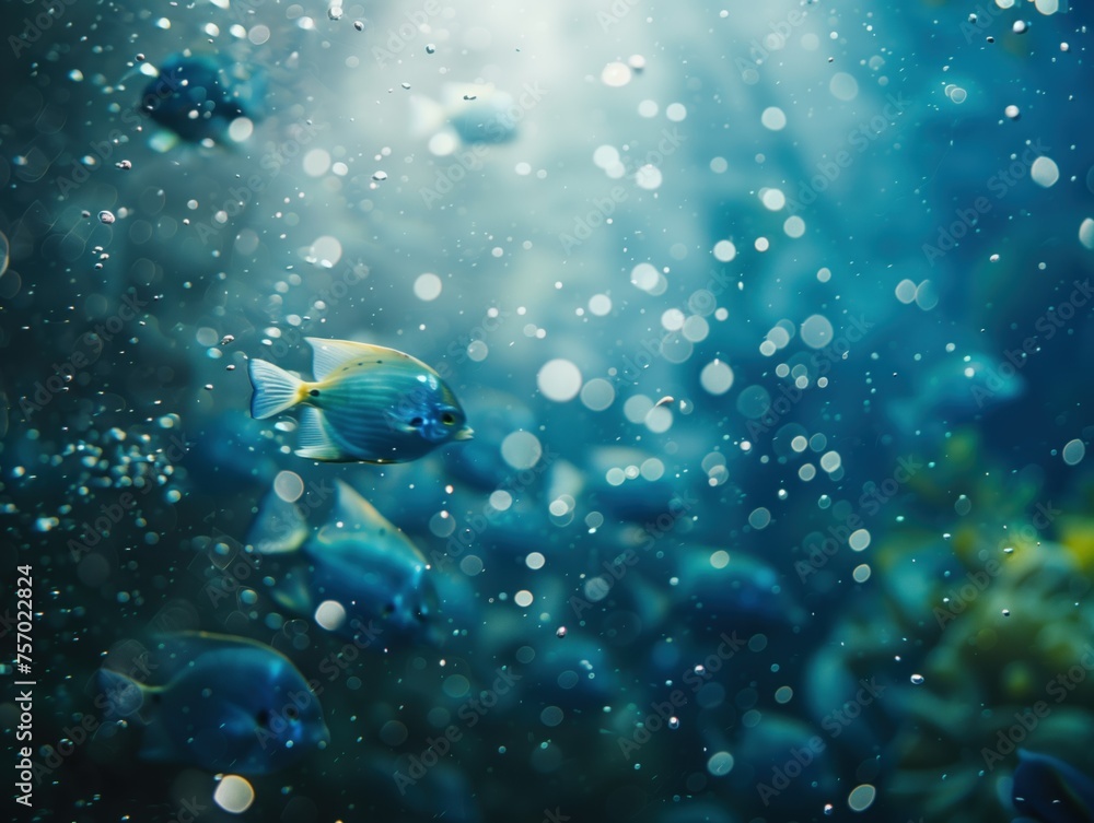 Fototapeta premium Underwater Dance of Light and Life, A dynamic underwater scene, light dances through bubbles and blue fish swim among aquatic plants, capturing the serene yet vibrant life beneath the water's surface.