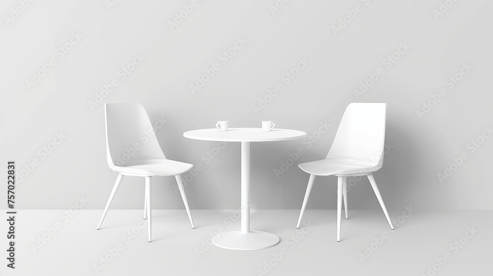 Modern realistic illustration of white 3D table and chairs isolated on black background. Suitable for trade fair booths, office conference rooms, restaurants and homes. Modern realistic illustration of white 3D table and chairs isolated on black background. Suitable for trade fair booths, office conference rooms, restaurants and homes.