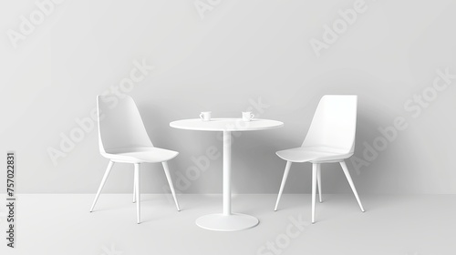 Modern realistic illustration of white 3D table and chairs isolated on black background. Suitable for trade fair booths  office conference rooms  restaurants and homes.