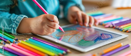 A child hands are seen drawing vibrant, colorful strokes on a digital tablet, surrounded by a myriad of colored pencils, showcasing the blend of traditional art and modern technology.