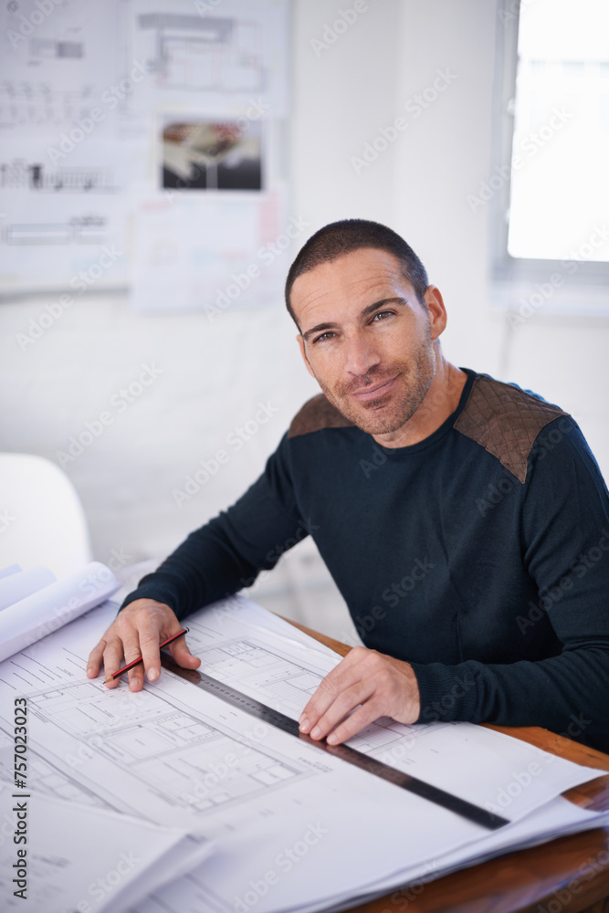 Man, portrait and architecture floor plan or engineering design with blueprint sketch, building or project planning. Male person, face and ruler with paperwork drawing for renovation, property or job Man, portrait and architecture floor plan or engineering design with blueprint sketch, building or project planning. Male person, face and ruler with paperwork drawing for renovation, property or job