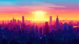 Sunset or Sunrise Over Modern City Skyscrapers, Urban Background with Pixel Art Buildings