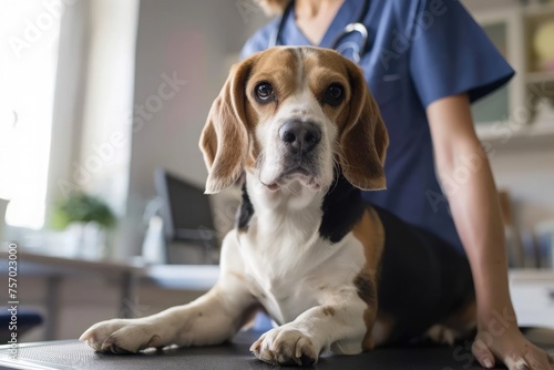 Veterinarian and Beagle dog in vet clinic. Focus on dog
