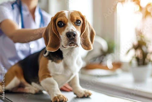 Veterinarian and Beagle dog in vet clinic. Focus on dog