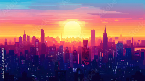 Sunset or Sunrise Over Modern City Skyscrapers, Urban Background with Pixel Art Buildings