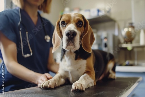 Veterinarian and Beagle dog in vet clinic. Focus on dog