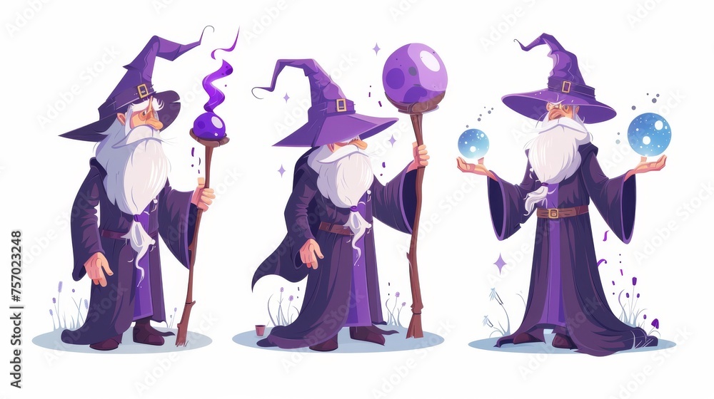 Wizard game design character with long gray beard casting spells. Cartoon modern illustration set of wise fantasy warlock and wizard with magic fog. Wizard game design character with long gray beard casting spells. Cartoon modern illustration set of wise fantasy warlock and wizard with magic fog.
