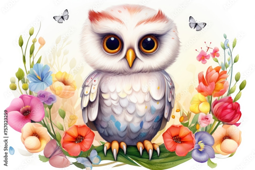 Handmade wool owl and pink tulips on a white background. Free space