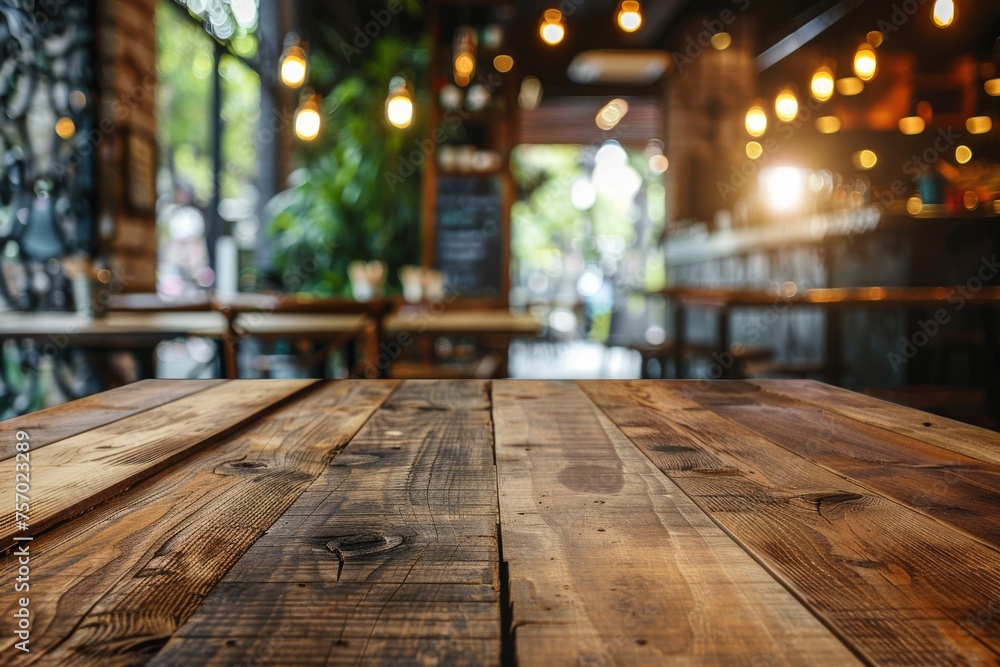 A wooden table with a view of a restaurant. Advertising background A wooden table with a view of a restaurant. Advertising background